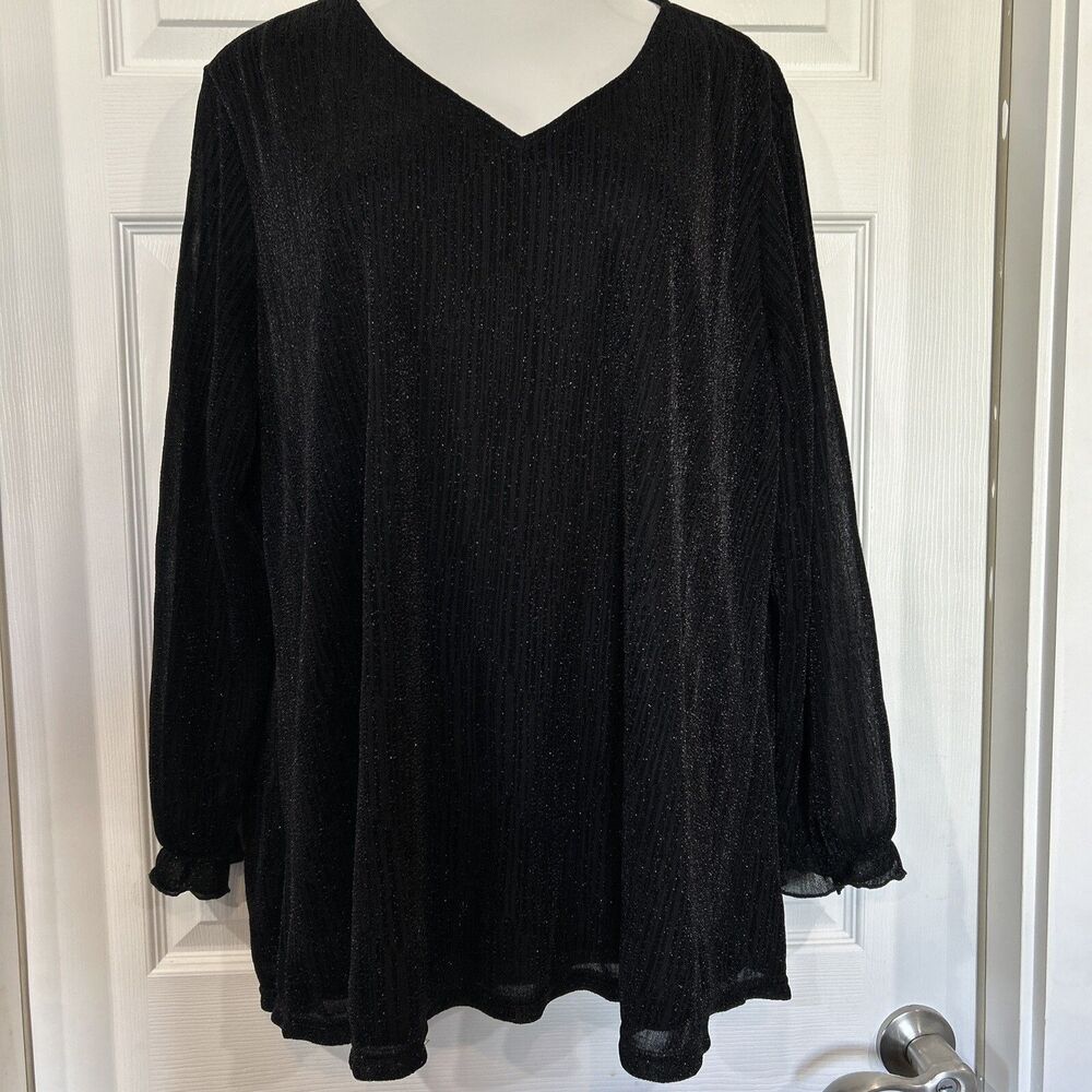 Agnes Orinda Women's Plus V-Neck Sparkle Blouse Black Plus Size 3X Dressy